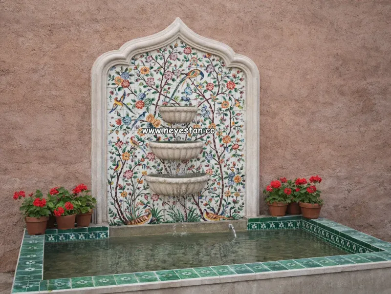 آبنما با کاشی گل و مرغ 