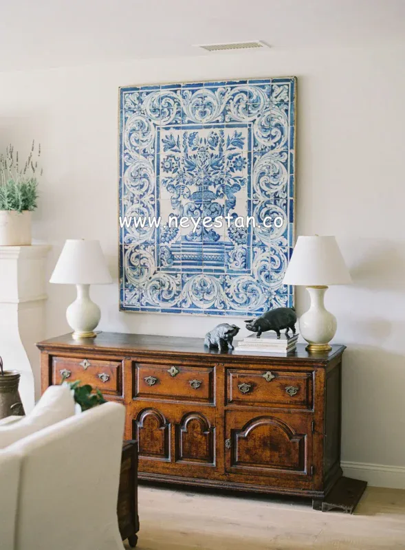 تابلو کاشی قلم آبی با طرح کلاسیک اروپایی