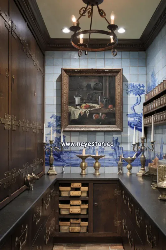 تابلو کاشی قلم آبی با طرح کلاسیک اروپایی